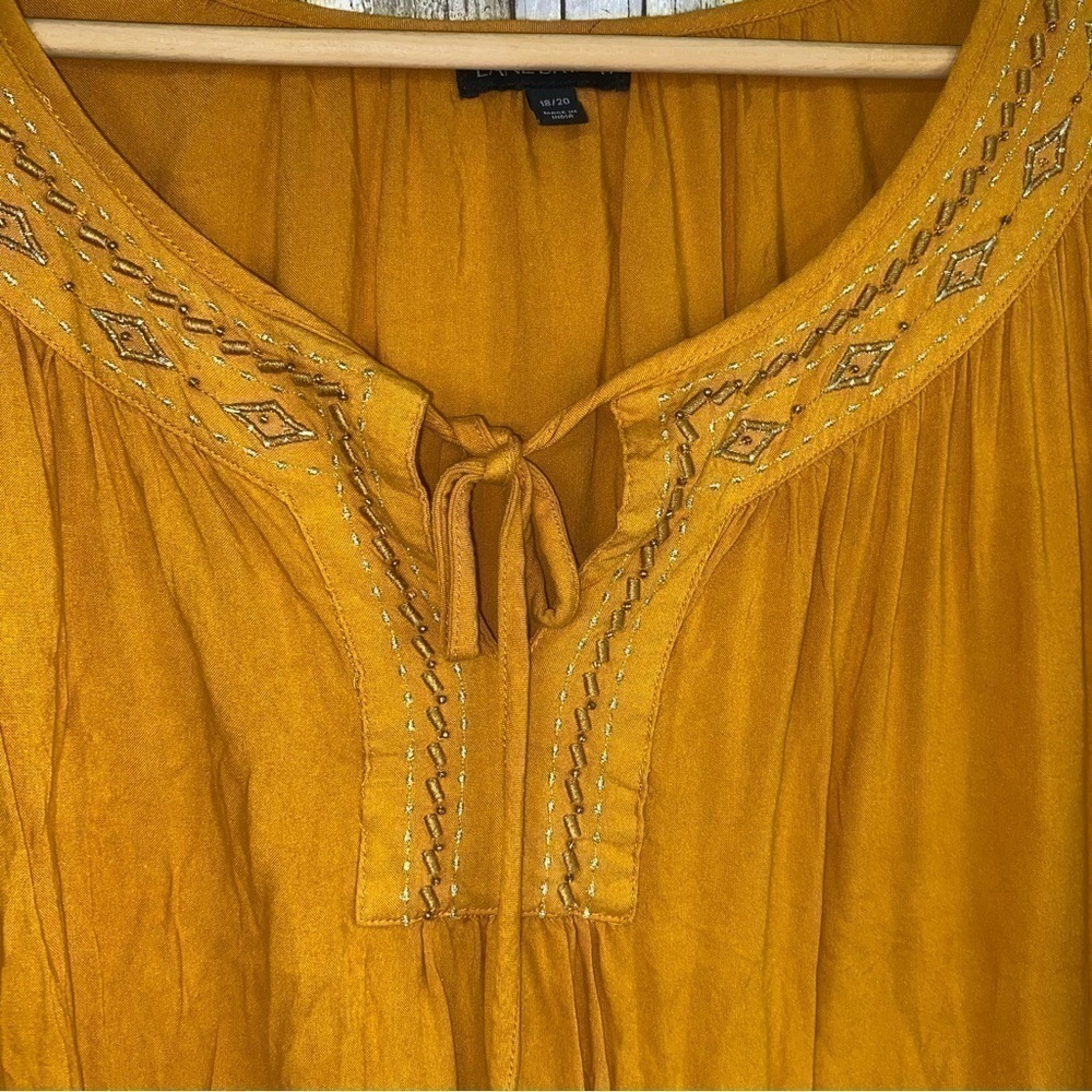Lane Bryant Mustard Embroidered Peasant Blouse 18/20 Boho Rayon Plus Size - Picture 4 of 5